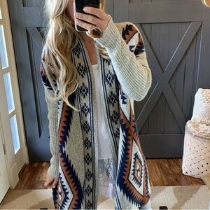 New Cozy Native Tribal Print Boho Western Long Blanket Cardigan Sweater